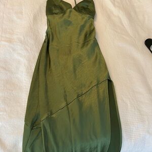 Strapless Asymmetrical Olive Green Satin Dress